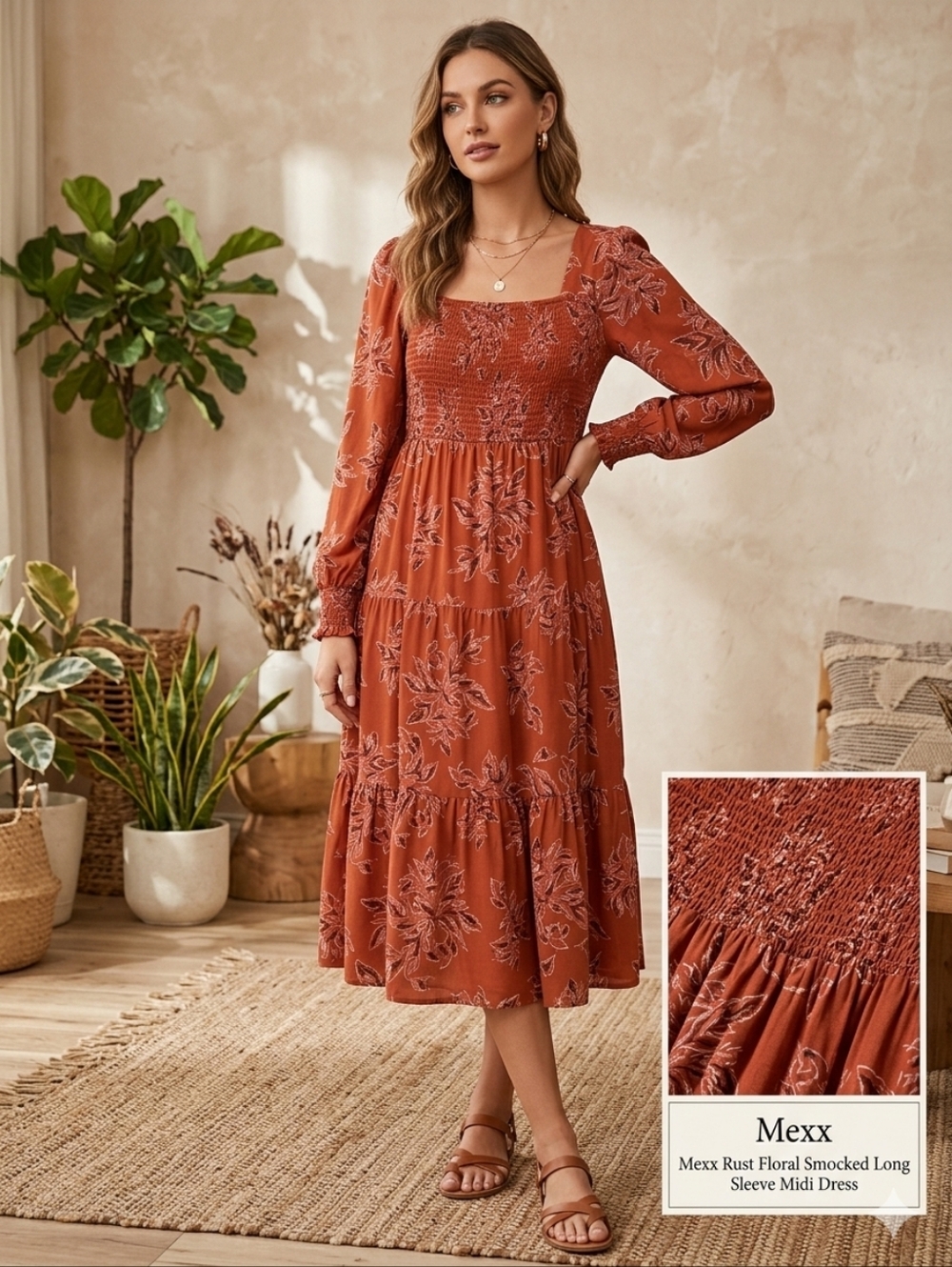 Mexx Rust Floral Smocked Long Sleeve Midi Dress